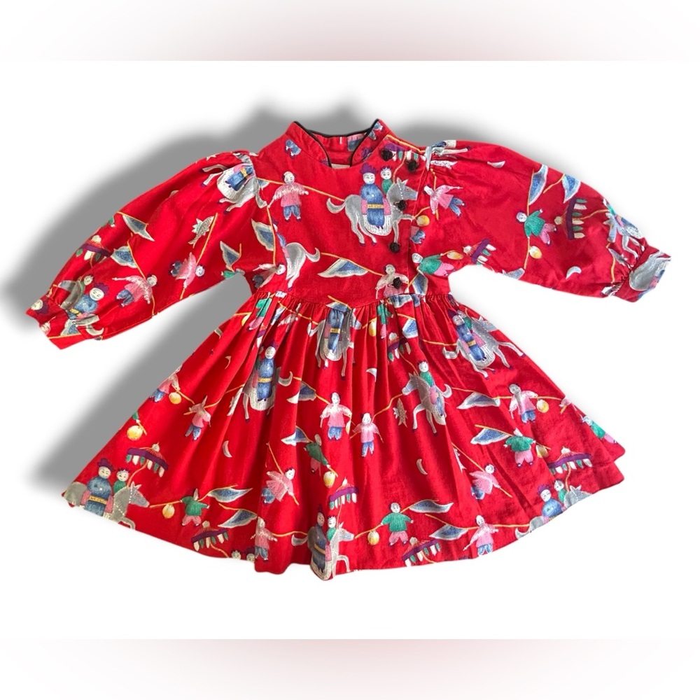 VINTAGE PLUM PUDDING Size 4T Chinese Prints Red Long Sleeve Dress BALLOON SLEEVE